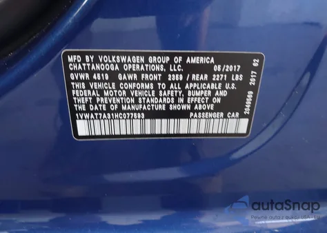 2017 Volkswagen Passat 1.8T S из США, поврежденный, VIN 1VWAT7A31HC077593